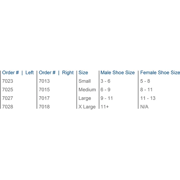Ankle Foot Orthosis (AFO) size chart