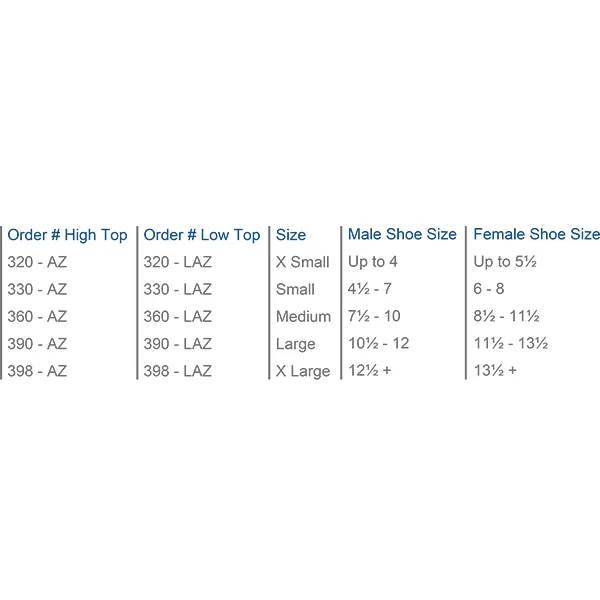 Low Profile Air Walker (High Top and Low Top) size chart