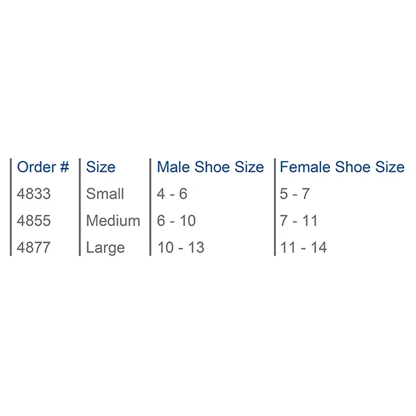 P.F.S. Night Splint size chart