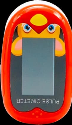 Red children's pulse oximeter with a cartoon bird face