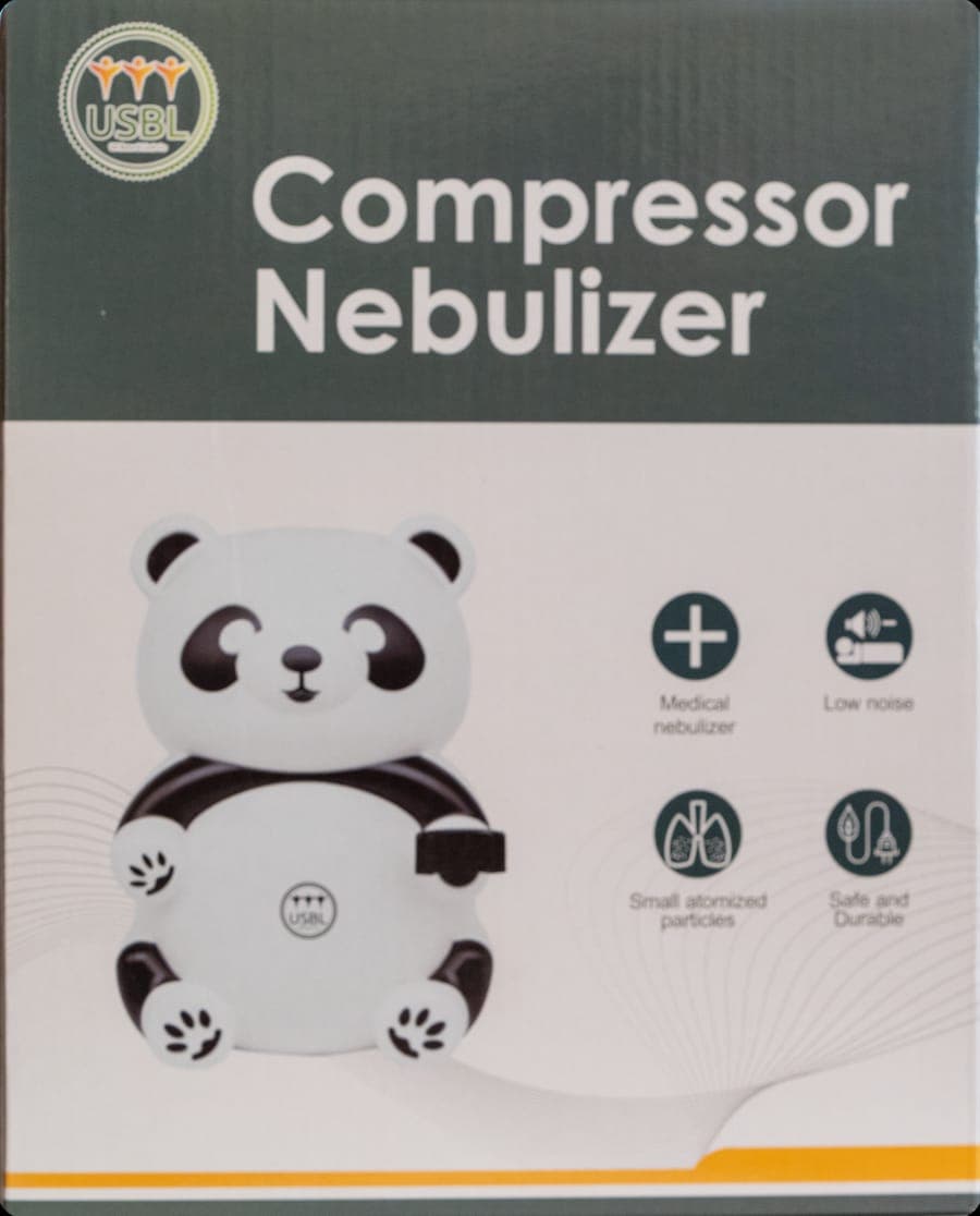 Compressor Nebulizer retail box with the panda unit pictured beside the Medical nebulizer, Low noise, Small atomized particles, and Safe and Durable icons