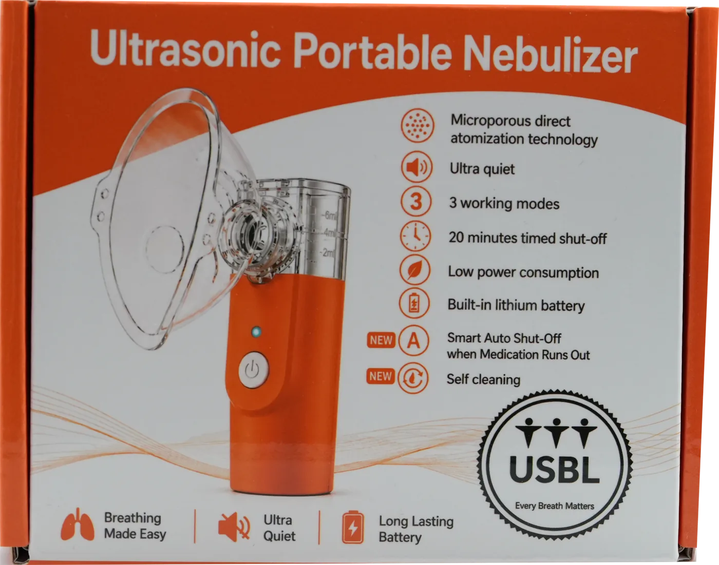 Adult Ultrasonic Portable Nebulizer box, orange and white, showing the orange unit with a mask and its feature list