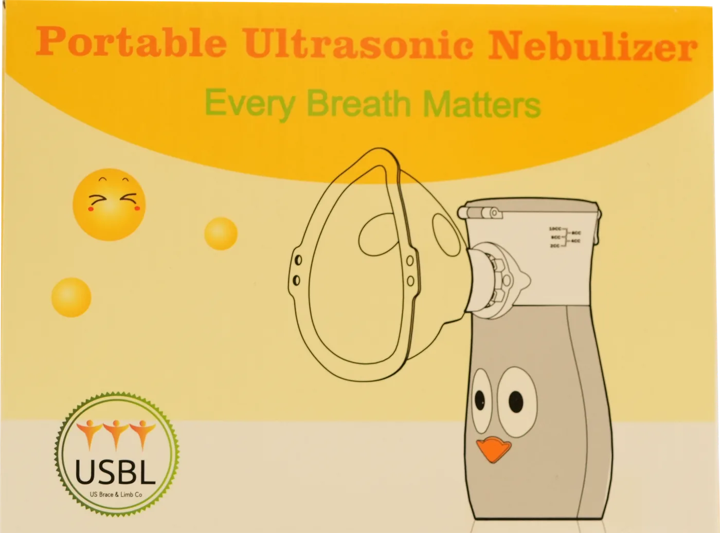 Children's Portable Ultrasonic Nebulizer box, yellow, with the Every Breath Matters line and a drawing of the unit with a mask