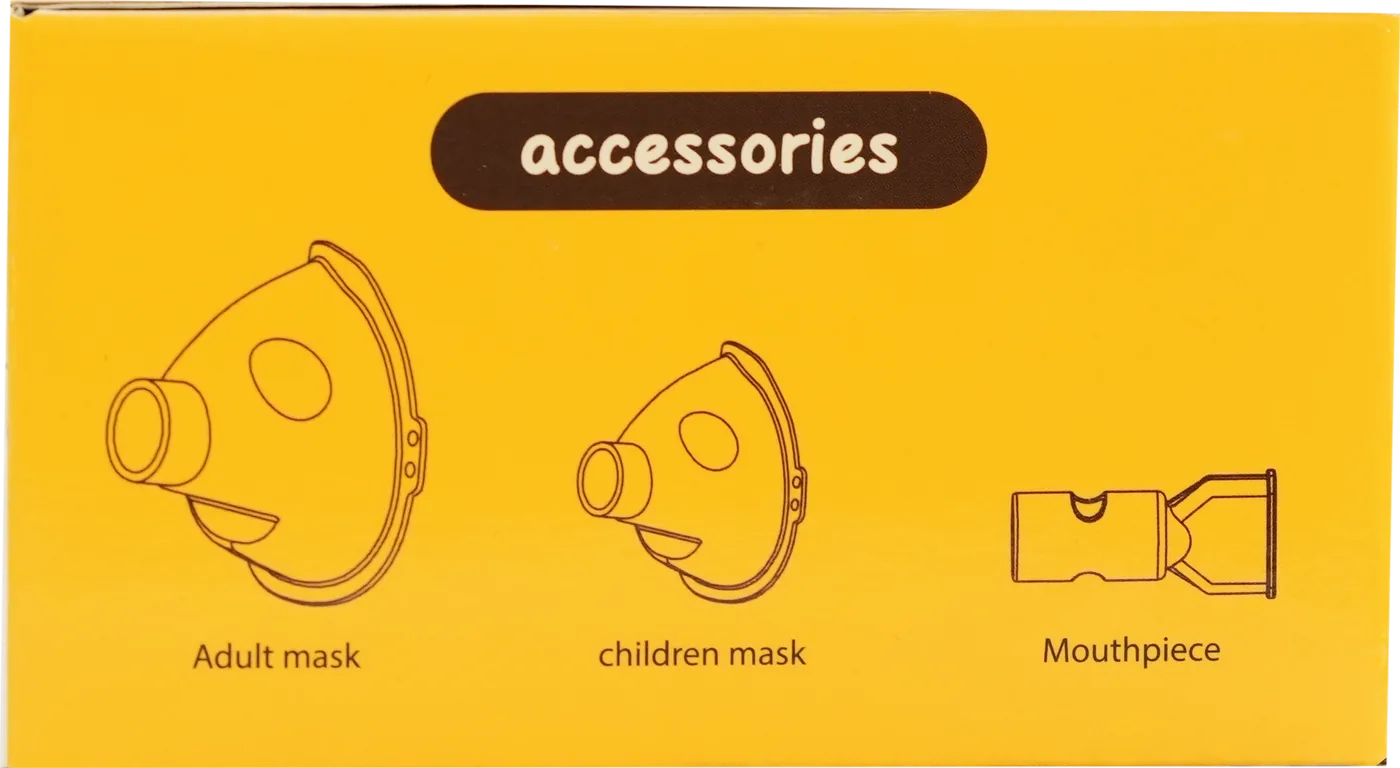 Side of the children's box labeled accessories, with drawings of the adult mask, children mask, and mouthpiece