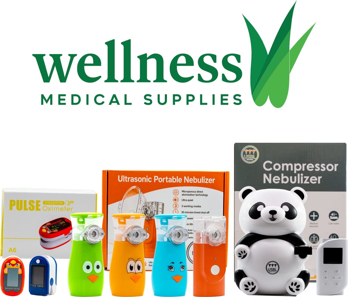 Wellness Medical Supplies nebulizers, pulse oximeters, and retail packaging